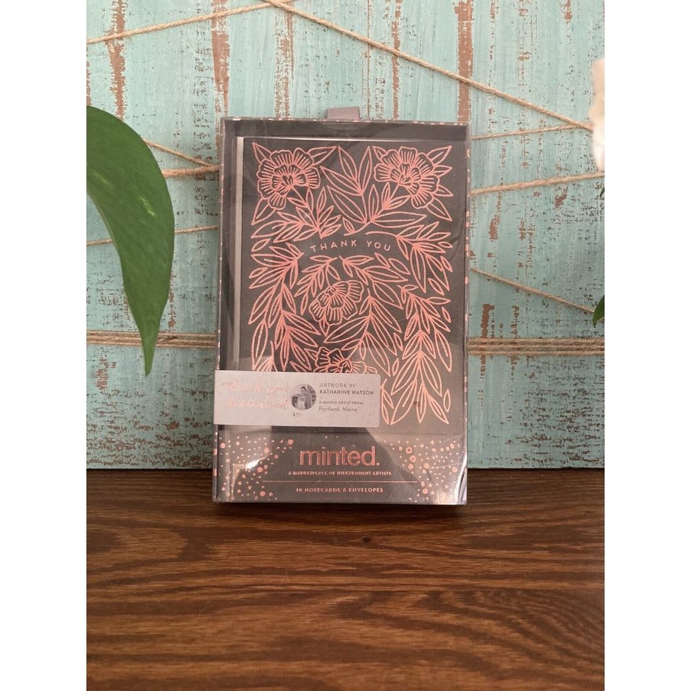 Minted Thank You Cards 10  Botanical Black and Metallic Pink With Envelopes